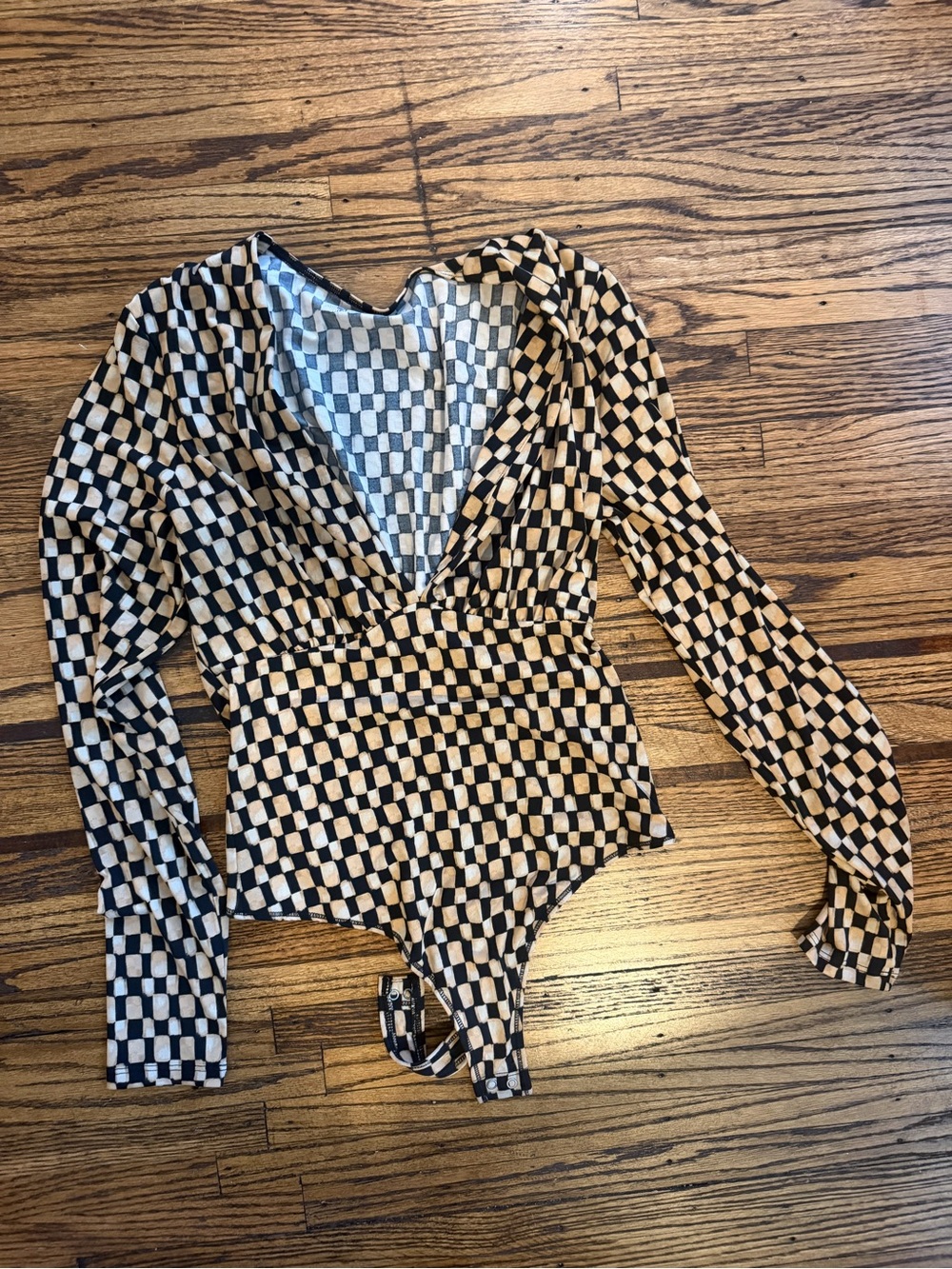 Black and Tan Checkered Long Sleeve Abercrombie Bodysuit Deep V Neck